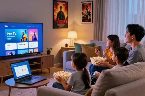 Scène familiale regardant Iron TV dans un salon chaleureux avec écran connecté.