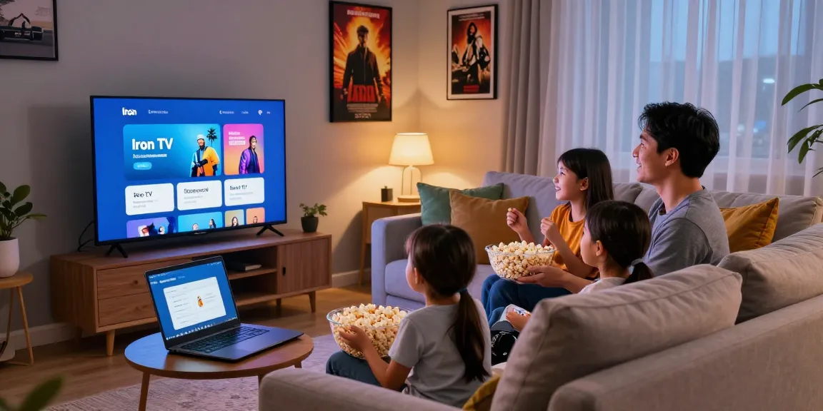 Scène familiale regardant Iron TV dans un salon chaleureux avec écran connecté.
