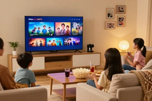Visionnage en famille avec l'application Atlas Pro sur un Smart TV, ambiance chaleureuse.