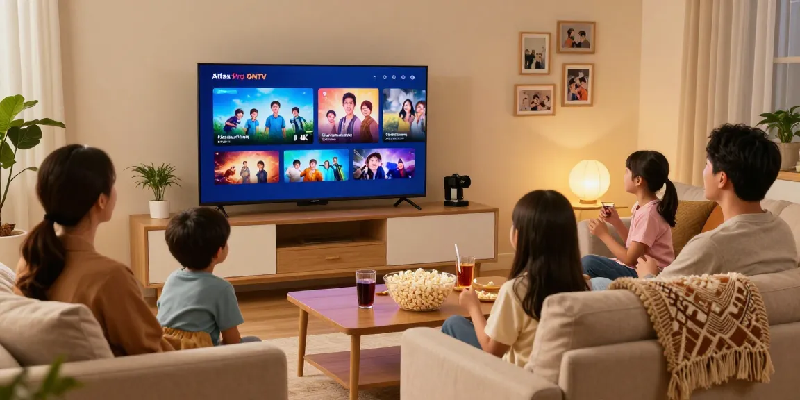 Visionnage en famille avec l'application Atlas Pro sur un Smart TV, ambiance chaleureuse.